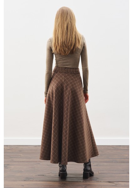 Ekose Desenli Geniş Etek Kahverengi
