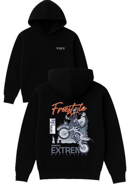 Freestyle Motocross Tasarım Baskılı Oversize Siyah Kapüşonlu Sweatshirt