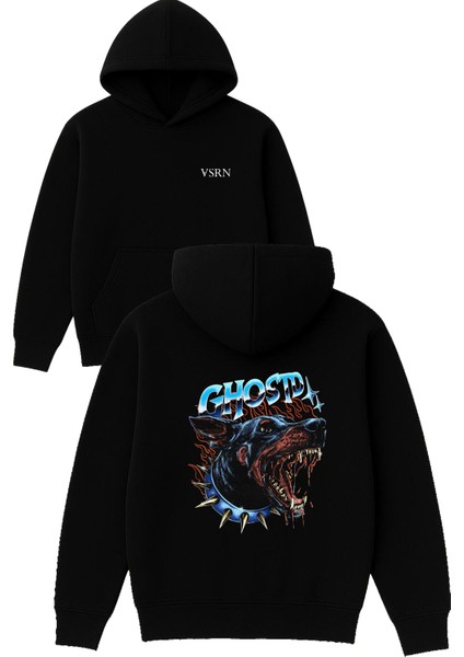 Ghostd Tasarım Baskılı Oversize Siyah Kapüşonlu Sweatshirt