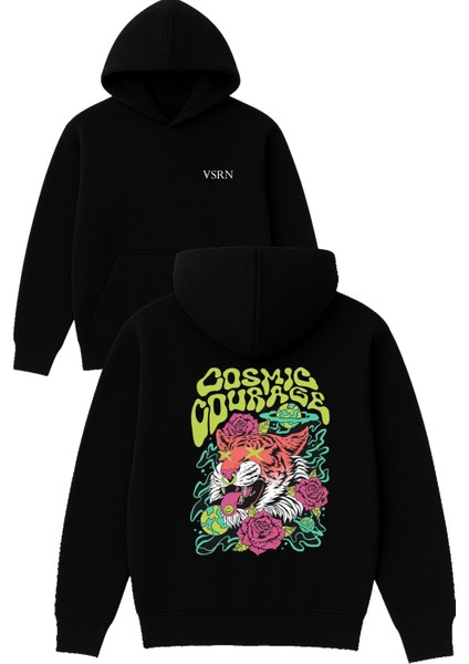 Cosmıc Courage Tasarım Baskılı Oversize Siyah Kapüşonlu Sweatshirt