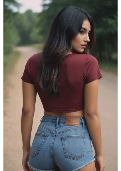 Bordo Bisiklet Yaka Crop Top fiyatları