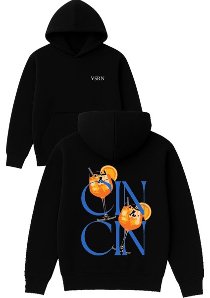 Cin Cin Tasarım Baskılı Oversize Siyah Kapüşonlu Sweatshirt