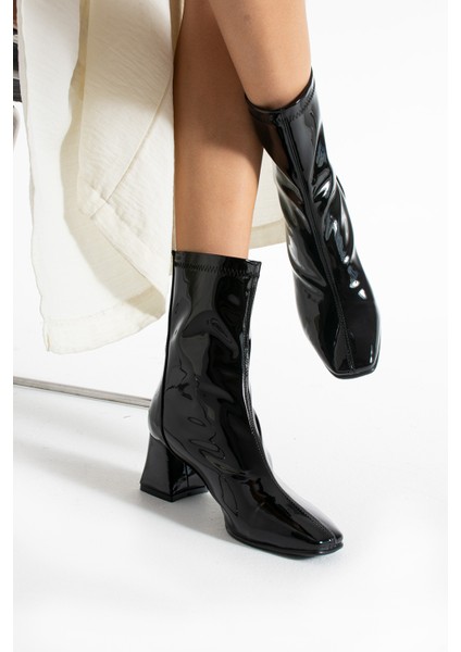 Alvis Siyah Rugan Renkli Kalın Topuk Streç Kadın Bot modelleri