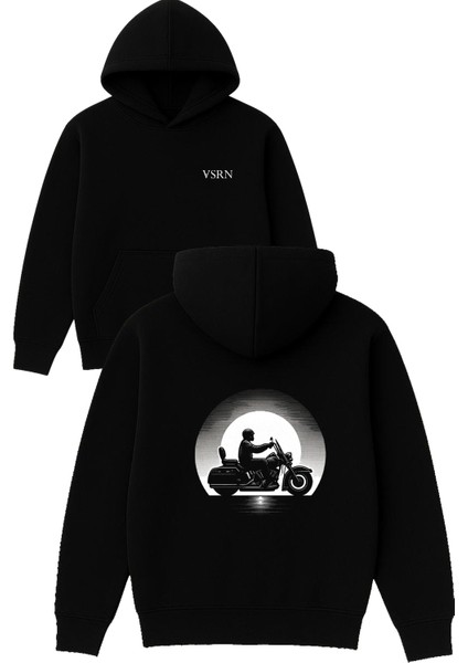 Çizgili Motorcu Tasarım Baskılı Oversize Siyah Kapüşonlu Sweatshirt