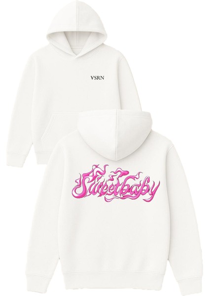 Sweetbaby Tasarım Baskılı Oversize Beyaz Kapüşonlu Sweatshirt
