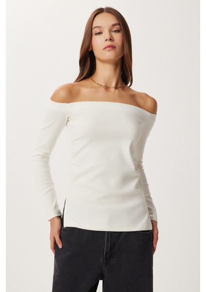 Açık Omuzlu Büzgülü Örme Bluz LUB0272 Kemik fiyatları