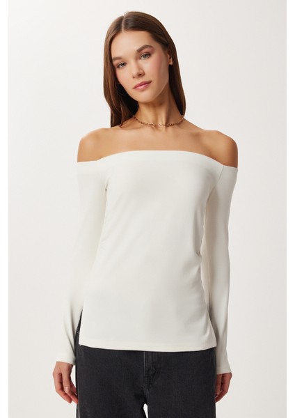 Açık Omuzlu Büzgülü Örme Bluz LUB0272 Kemik modelleri