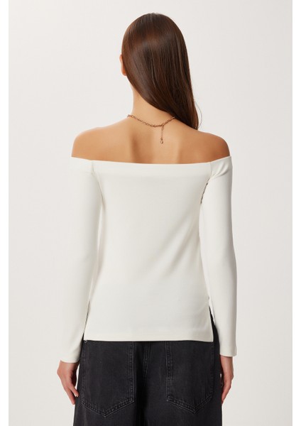 Açık Omuzlu Büzgülü Örme Bluz LUB0272 Kemik indirimleri