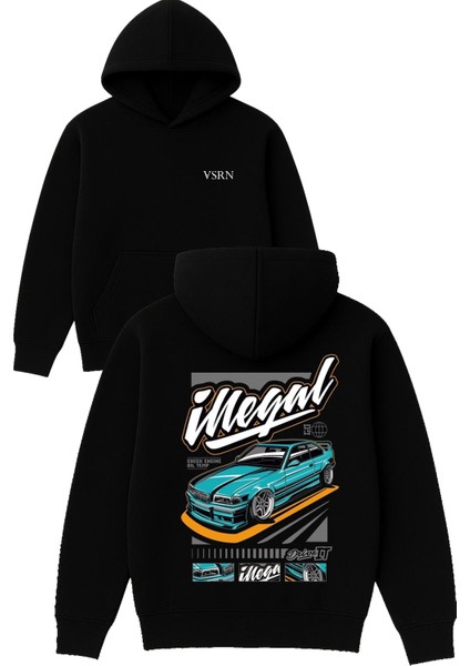 Illegal Drive Tasarım Baskılı Oversize Siyah Kapüşonlu Sweatshirt