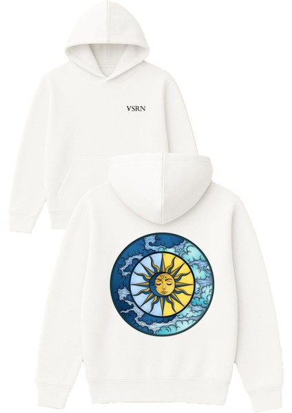 Ay ve Güneş Tasarım Baskılı Oversize Beyaz Kapüşonlu Sweatshirt