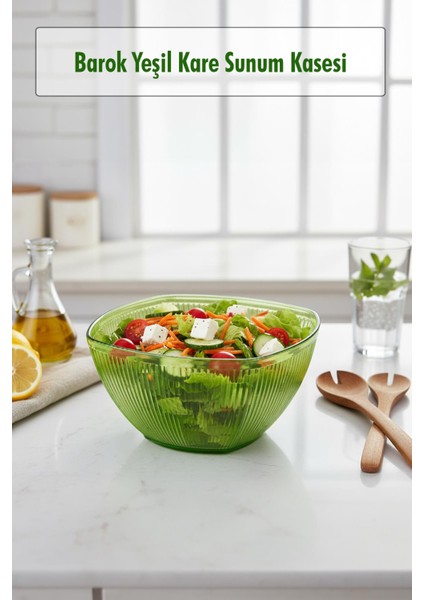 Barok Yeşil Orta Boy Kare Kase & Sunum Kasesi - 1,5 Lt