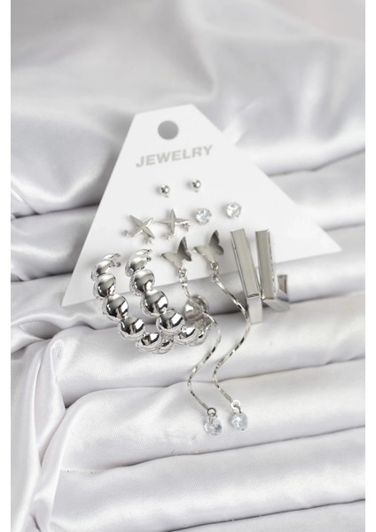 Gümüş Renk Pirinç 6'lı Kadın Küpe Seti