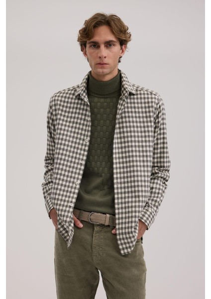 Haki Classic Fit Kareli %100 Pamuk Gömlek