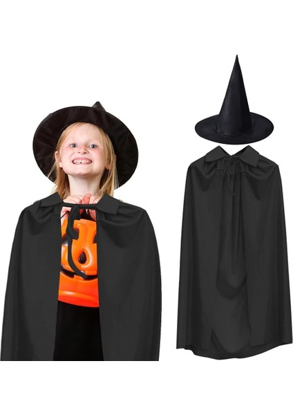 Buğz 90 cm Siyah Yakalı Pelerin ve Siyah Cadı Şapkası Kostüm Seti