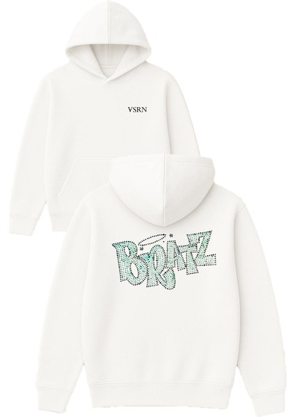 Bratz Yeşil Tasarım Baskılı Oversize Beyaz Kapüşonlu Sweatshirt