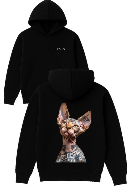 Bad Cat Sphanks Tasarım Baskılı Oversize Siyah Kapüşonlu Sweatshirt