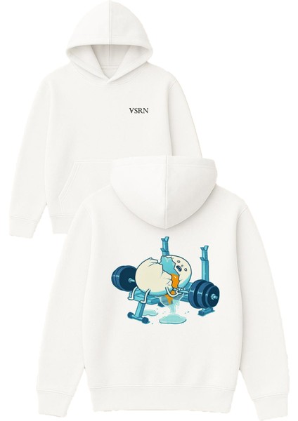 Kırık Yumurta Gym Tasarım Baskılı Oversize Beyaz Kapüşonlu Sweatshirt