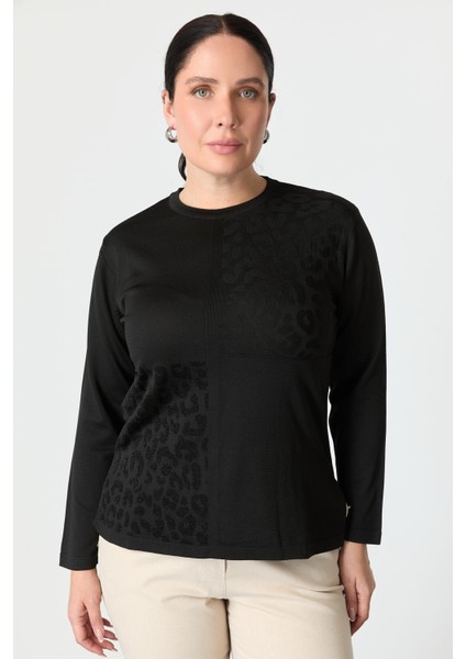 Büyük Beden Leopar Desenli Triko Kazak-Siyah