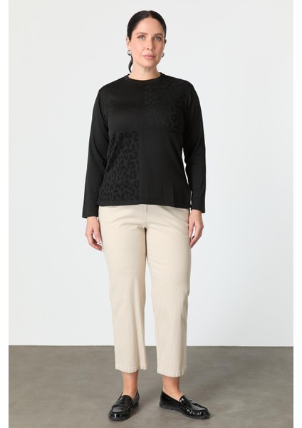 Büyük Beden Leopar Desenli Triko Kazak-Siyah fiyatları