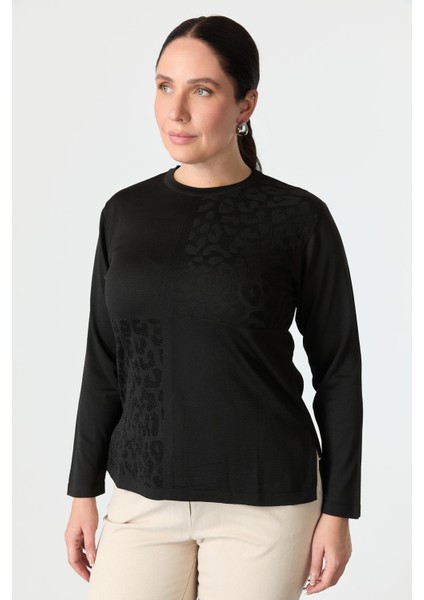 Büyük Beden Leopar Desenli Triko Kazak-Siyah modelleri