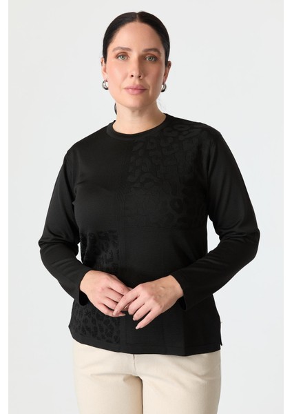 Büyük Beden Leopar Desenli Triko Kazak-Siyah fırsatları