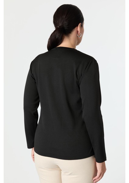 Büyük Beden Leopar Desenli Triko Kazak-Siyah