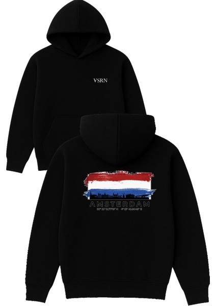Amsterdam Tasarım Baskılı Oversize Siyah Kapüşonlu Sweatshirt