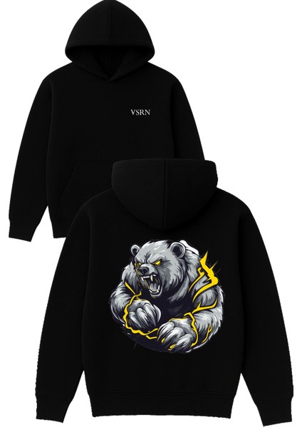 Güçlü Ayı Tasarım Baskılı Oversize Siyah Kapüşonlu Sweatshirt