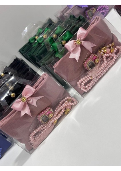 20 Adet Pudra Hediyelik Kutulu Örtü, Tesbih ve Taşlı Zikirmatik Seti, Umre Hac Hediyesi