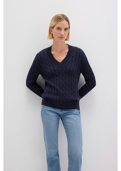 Kadın Ipek Karışımlı V Yaka Lacivert Kazak 1710720-89101