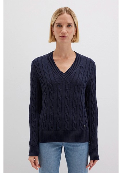 Kadın Ipek Karışımlı V Yaka Lacivert Kazak 1710720-89101 fiyatları