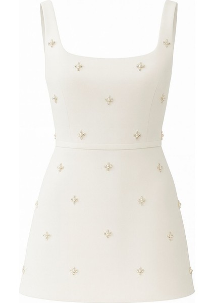 Kadın Beyaz Kare Yaka Inci Detaylı Mini Nikah Nişan Söz Abiye Elbise