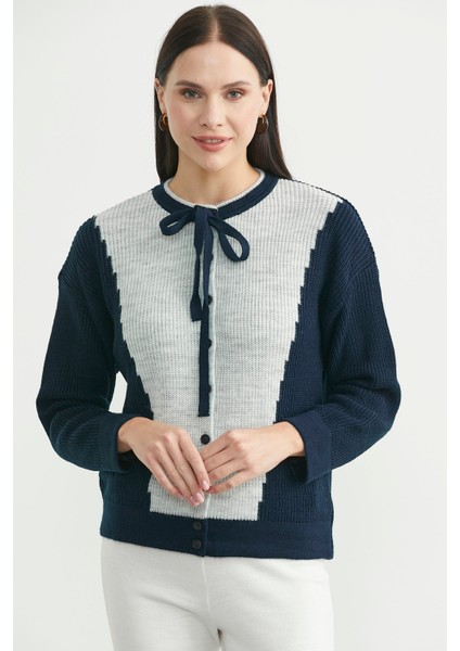 Yünlü Çift Renk Düğmeli Triko Hırka - Lacivert fiyatları