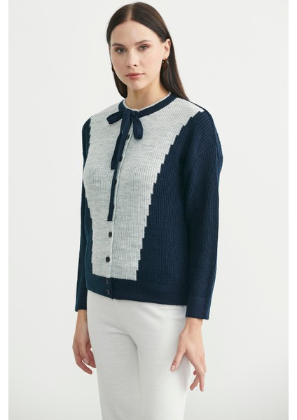 Yünlü Çift Renk Düğmeli Triko Hırka - Lacivert modelleri