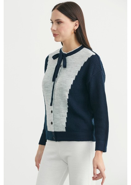 Yünlü Çift Renk Düğmeli Triko Hırka - Lacivert indirimleri