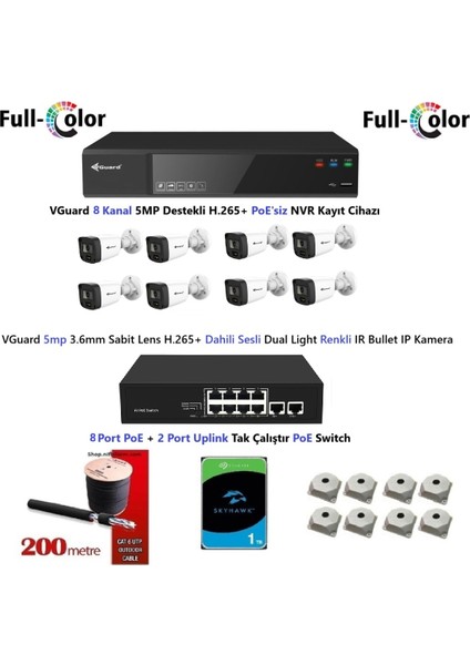 Nif Bilişim Vguard 5mp Dahili Sesli ve Gece Renkli 8 Kameralı Tak Çalıştır Hazır Ip Kamera Seti 1tb Disk