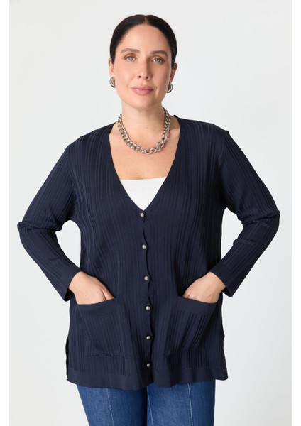 Büyük Beden Kendinden Desenli Triko Hırka-Lacı