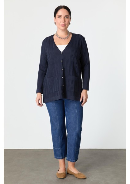 Büyük Beden Kendinden Desenli Triko Hırka-Lacı fiyatları