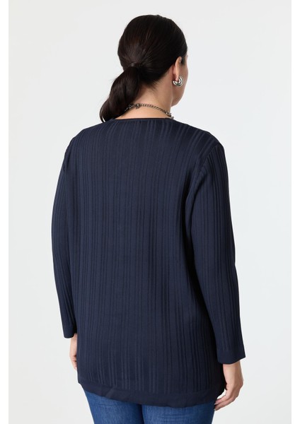 Büyük Beden Kendinden Desenli Triko Hırka-Lacı