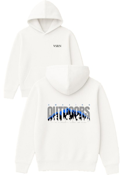 Outdoors Amazıng Tasarım Baskılı Oversize Beyaz Kapüşonlu Sweatshirt