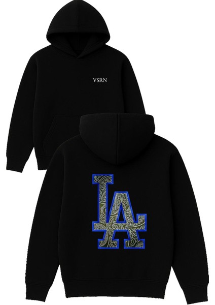 Los Angeles Mavi Köşeli Tasarım Baskılı Oversize Siyah Kapüşonlu Sweatshirt