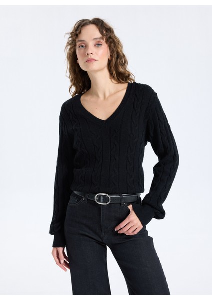 V Yaka Basic Saç Örgü Desenli Siyah Kazak Kadın J5WL-KZK7129