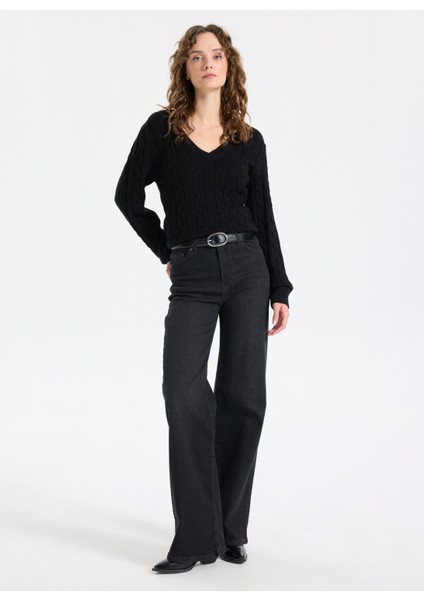 V Yaka Basic Saç Örgü Desenli Siyah Kazak Kadın J5WL-KZK7129 fiyatları