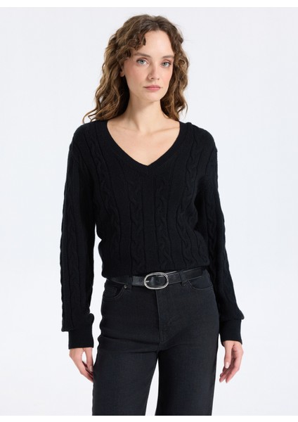 V Yaka Basic Saç Örgü Desenli Siyah Kazak Kadın J5WL-KZK7129 modelleri