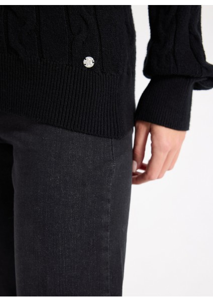 V Yaka Basic Saç Örgü Desenli Siyah Kazak Kadın J5WL-KZK7129 fırsatları