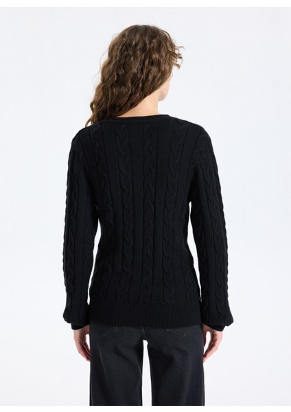 V Yaka Basic Saç Örgü Desenli Siyah Kazak Kadın J5WL-KZK7129 indirimleri