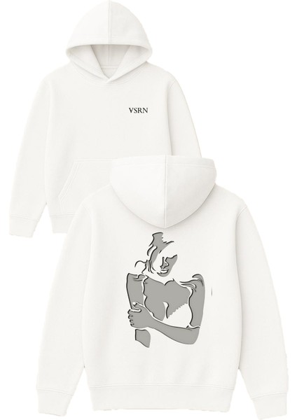 Gri Kadın Tasarım Baskılı Oversize Beyaz Kapüşonlu Sweatshirt