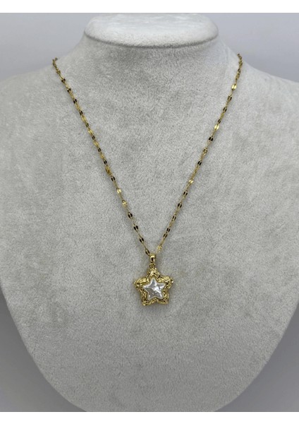 Sedef Kabartma Yıldızlı Altın Detaylı Parlak Gold Kolye