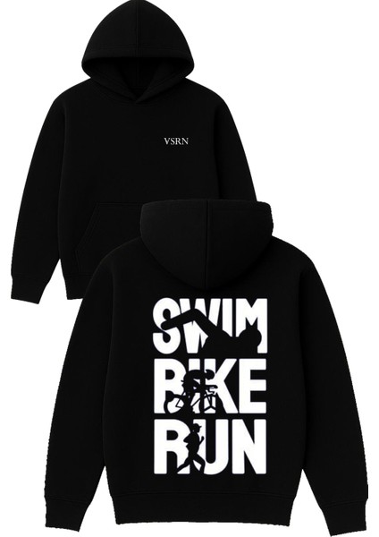 Swım Bike Run Tasarım Baskılı Oversize Siyah Kapüşonlu Sweatshirt