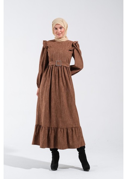 2254_KADIN Nubuk Yakma Desenli Omuz Fırfır ve Kemer Tokası Detaylı Bisiklet Yaka Uzun Kloş Elbise fiyatları